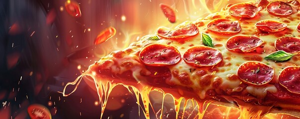 a piece of pizza in the oven on a background of fire with pepperoni sausage and delicious melting ch