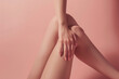 Hair Removal Concept. Closeup Of Beautiful Woman's Hand With Natural Manicure Touching Long Legs. Young Female Touching Her Perfect Hairless Smooth Soft And Silky Skin. Beauty Body Care Concept