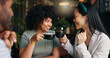 © peopleimages.com - Happy people, friends and talking with coffee at cafe for social, free time or catch up break together. Group smile and enjoying conversation with beverage, drink or cup of tea at indoor restaurant