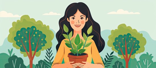 Canvas Print - A happy woman is smiling and holding a potted plant in her hands, portrayed in a cartoon illustration style. The art shows a fictional character leisurely enjoying the green grassy plant