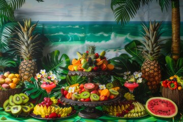  Tropical paradise scene with exotic fruit display on the beach