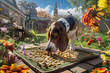 A Basset Hound sniffing out hidden treats in a custom-made sniffle mat, laid out in a sunny backyard filled with flowers and buzzing bees.