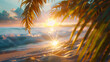 Beautiful sunset sandy beach with beautiful waves, sunlight streaming through beautiful palm leaves. No people. Copy space. Wallpaper.