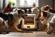 A group of mixed breed dogs surrounding a modern, automatic dog feeder that dispenses organic kibble, in a high-tech, smart home environment.