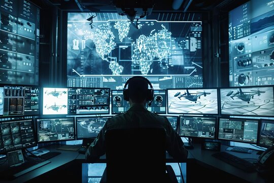 Futuristic US military drone control station, advanced warfare technology concept