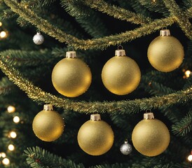 A christmas tree with gold ornaments hanging from the branches.