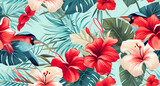 Fototapeta Przestrzenne - A beautiful pattern of tropical flowers and palm leaves