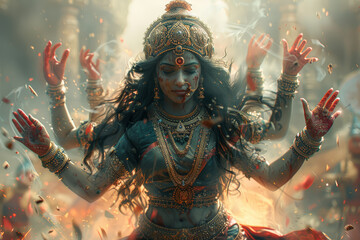 Wall Mural - mystic kali, the goddess of destruction and rebirth, dances upon the battlefield, her many arms wiel