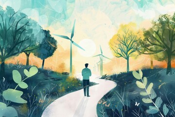 Canvas Print - Man at crossroads deciding between two paths, environmental protection and sustainability concept, digital illustration