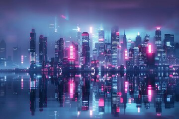 Wall Mural - Neon-lit metropolis reflecting on water at night, futuristic cityscape with high-rise buildings, 3D render