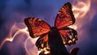 A delicate butterfly perches on a fingertip against a twilight backdrop, its wings illuminated by the soft, mystical glow of surrounding flames.