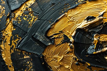 Gold and black abstract rough texture art, closeup oil painting with palette knife on canvas