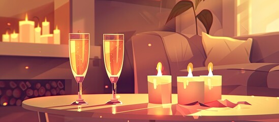 Sticker - A cozy living room set up with elegant champagne stemware and candles on a table, perfect for enjoying a glass of your favorite alcoholic beverage