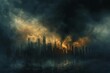Stormy weather over city skyline, dark clouds and tall skyscrapers, apocalyptic cityscape, digital painting