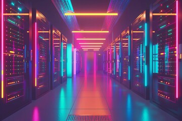 Wall Mural - Server room in data center with colorful neon lights, network racks and fiber optic cables, 3D illustration