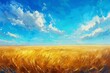Golden wheat field under blue sky, idyllic summer landscape, digital painting
