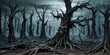 Haunted forest of dead skull trees, desolate cursed landscape shrouded in poisonous fog where no living being can survive. 