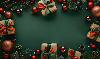 Wall Mural - festive christmas frame on dark green background made of chritmas gift boxes, fir branches, christma