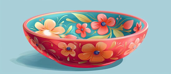 Wall Mural - A creative arts red flowerthemed bowl made from natural materials, serving as dishware or tableware, with vibrant orange flowers painted on the blue background