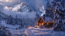 A Cozy Cabin Retreat Tucked Away In A Snowy Mountain Valley, With Smoke Curling From The Chimney And Twinkling Lights Glowing In The Windows, Offering A Warm And Inviting Escape For Holiday Travelers.