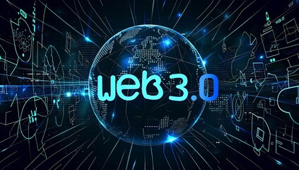 WEB 3.0 typography with 3d hologram globe, WEB 3.0 copy space text, vector illustration. metaverse, NFT, next gen technology -  Generative AI