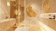 A luxurious gold marble bathroom, where the walls are adorned with gold inlays that trace out abstract shapes. 32k, full ultra HD, high resolution