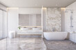 Modern style luxury white bathroom with marble stone 3d render illustration large window natural light into the room