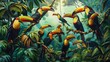 A flock of colorful toucans, their vibrant beaks contrasting against the lush greenery of the tropical rainforest as they flit between branches in search of fruit.