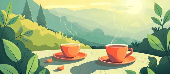 Canvas Print - Two coffee cups on a saucer sit on a table with a mountain and clouds in the background, creating a calming scene