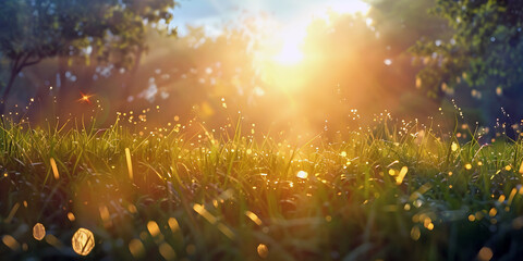 Poster - landscape with a meadow and blue sky, ai generated.	