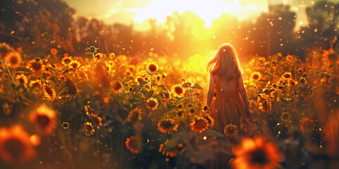 Poster - landscape with sunflowers and girl, ai generated.