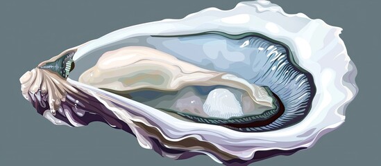 Wall Mural - a close up of an oyster shell with a pearl inside of it on a gray background . High quality