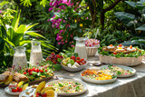 Fototapeta Na drzwi - An elegant outdoor brunch setup in a lush garden, with a beautifully laid table featuring vegan brunch options including quinoa salad bowls, 