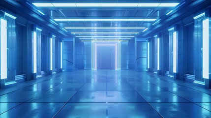 Empty light blue studio room futuristic Sci Fi big hall room with lights blue, Future background for design.