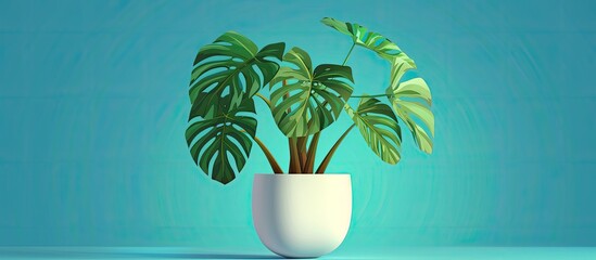 Poster - A houseplant in a flowerpot is placed on a blue table, adding a touch of green to the aqua setting. The terrestrial plant brings life to the room