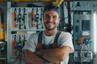 Handsome electrician with crossed arms smiling at camera near electric panel 