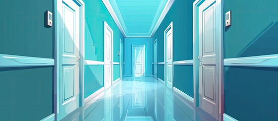 Poster - The building features a long hallway with azure walls and white doors, creating a peaceful atmosphere. The flooring is a sleek aqua color, complementing the modern design