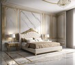 A luxurious bedroom with a white marble floor, white walls, and gold accents.
