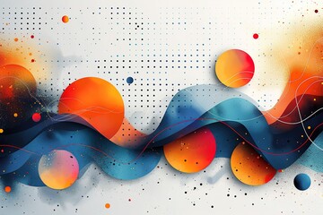 Wall Mural - A colorful abstract painting with a blue wave and orange and red circles