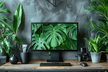 Wall Mural - A computer desk with a monitor, keyboard, mouse, and a camera