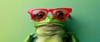 A green frog makes a bold fashion statement with oversized red sunglasses on a matching green backdrop.