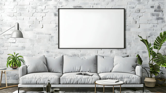 mockup closeup horizontal white painting hanging on a white brick wall in a bright room