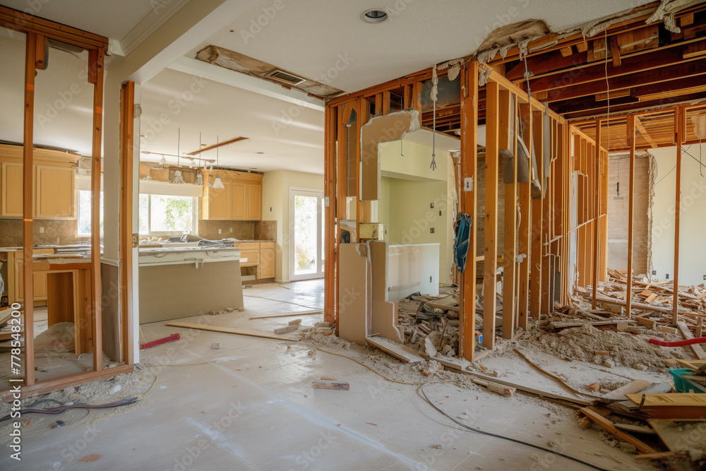 Demolition of wall to create an open floor plan in home renovation AI ...