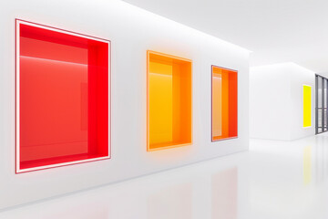 A pristine white art gallery interior is punctuated by three vibrant wall mock-ups. 