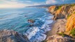 A scenic coastal hike along rugged cliffs and sandy shores, with hikers traversing picturesque trails and soaking in the breathtaking views of the ocean landscape.