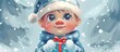 A little boy dressed as a fictional character in an electric blue Santa hat smiles while holding a gift in the snow. The event is like a scene from a magical winter art, full of happiness and joy