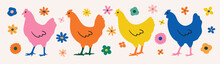 A Set Of Colorful Chickens. Colorful Flat Cartoon Illustration