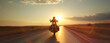 A motorcycle rider travelling on a highway road at sunset.
