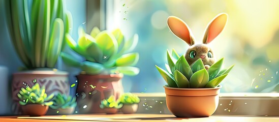 Sticker - A houseplant, resembling a potted plant with bunny earshaped leaves, is gracefully sitting on a window sill, adding a touch of whimsical art to the room