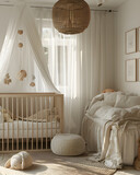 Fototapeta Do pokoju - Furniture, Wood, Textile, and Comfort in a babys room with crib, bed, canopy